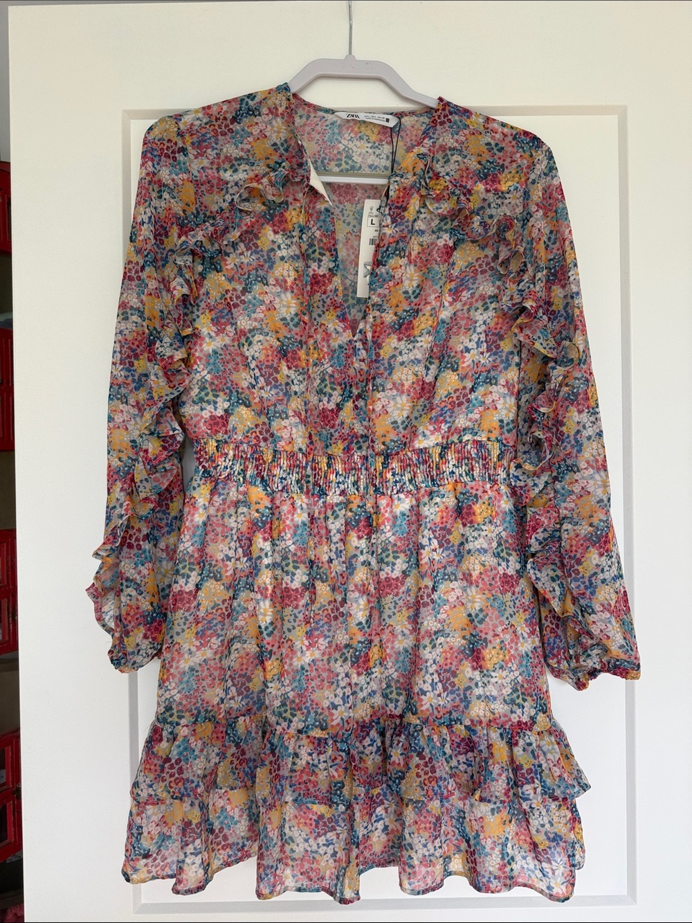 Zara Floral Ruffle Long Sleeve Mini Dress - Multicolor